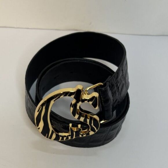Carmen Steffens Black Crocodile Embossed Belt with Zebra-Print "GS" Buckle - Picture 1 of 5